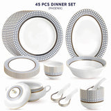 Phoenix Collection 45 Pcs Dinner Set With Circular Blue Pattern and Real Gold Plated Design