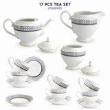 Phoenix Collection 17 Pcs Tea Set With Circular Blue Pattern and Real Gold Plated Design