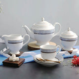 Phoenix Collection 17 Pcs Tea Set With Circular Blue Pattern and Real Gold Plated Design