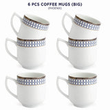 Phoenix Collection Set of 6 Coffee Mugs With Circular Blue Pattern and Real Gold Plated Design