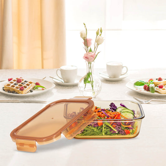 RECTANGLE GLASS FOOD CONTAINER WITH PP LID AMBER GLASS