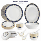 Aurora Collection 45 Pcs Dinner Set | Elegant Floral Pattern In Royal Blue With Real Gold Plated Premium Porcelain
