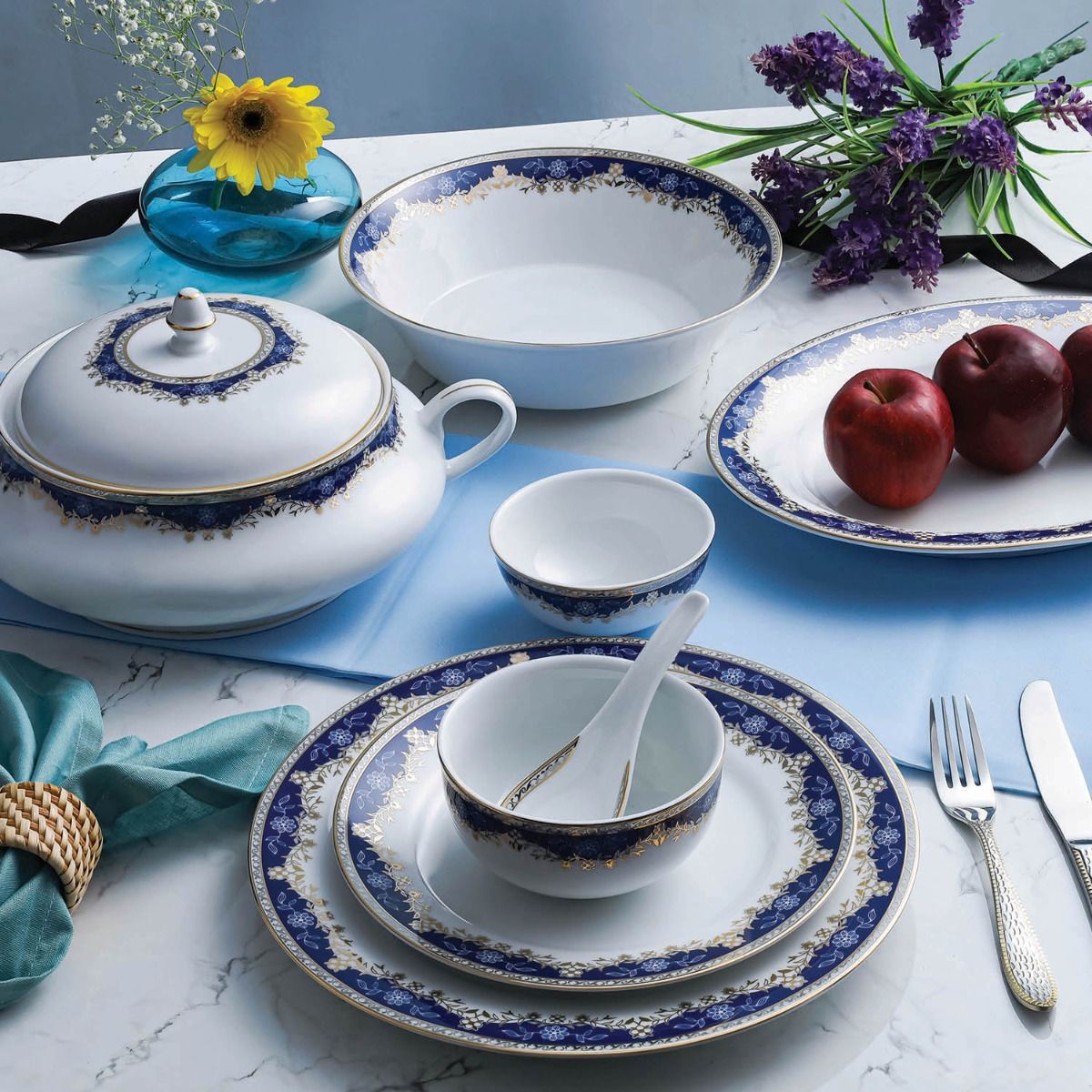 Aurora Collection 45 Pcs Dinner Set | Elegant Floral Pattern In Royal Blue With Real Gold Plated Premium Porcelain