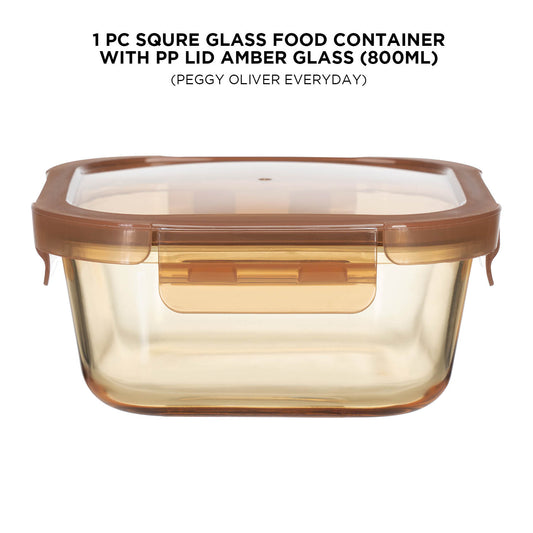 SQURE GLASS FOOD CONTAINER  WITH PP LID AMBER GLASS"