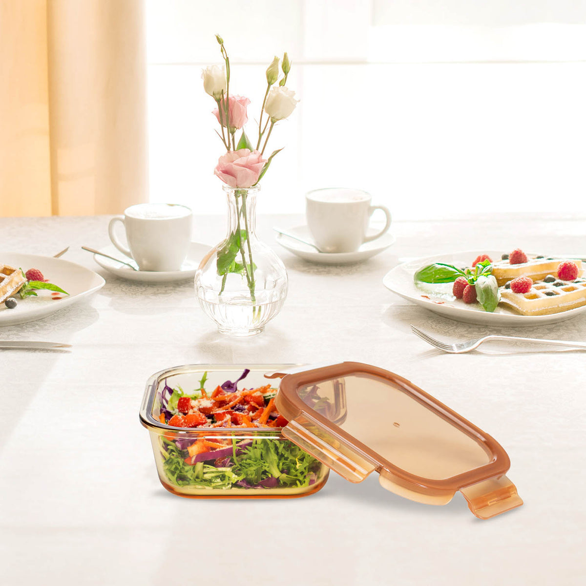 SQURE GLASS FOOD CONTAINER  WITH PP LID AMBER GLASS"