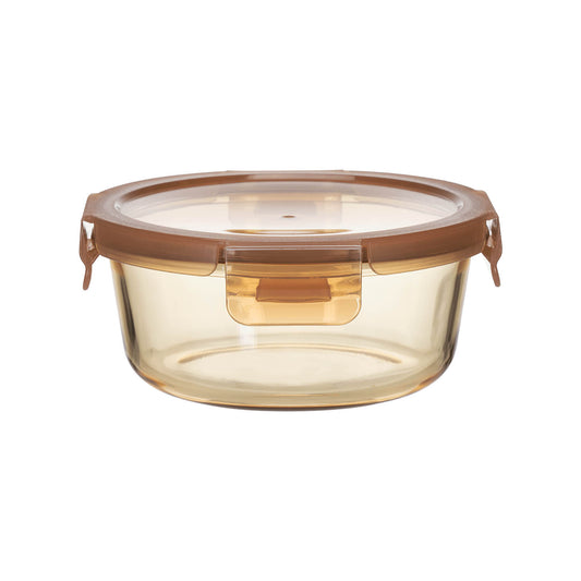 ROUND GLASS FOOD CONTAINER  WITH PP LID AMBER GLASS