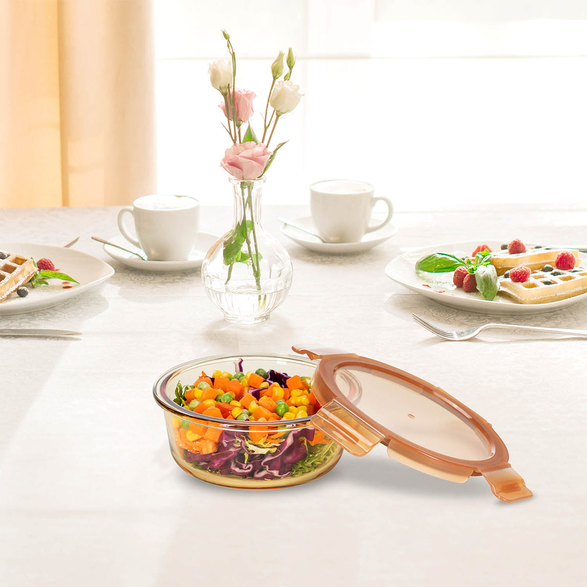ROUND GLASS FOOD CONTAINER  WITH PP LID AMBER GLASS