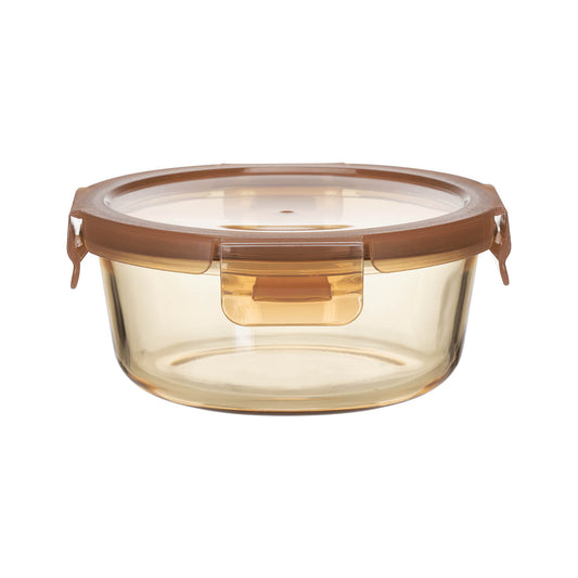 ROUND GLASS FOOD CONTAINER  WITH PP LID AMBER GLASS"