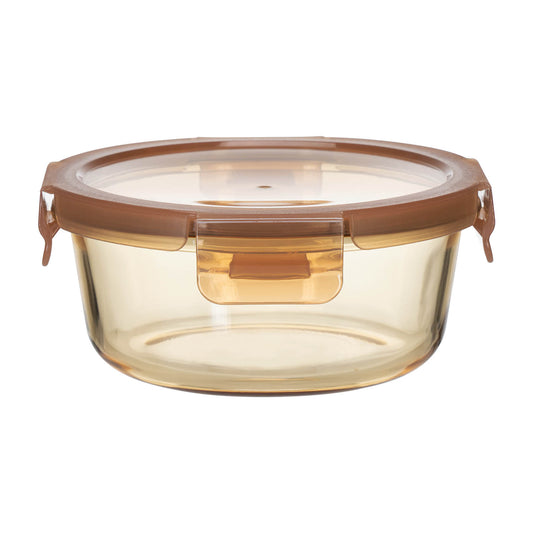 ROUND GLASS FOOD CONTAINER  WITH PP LID AMBER GLASS"