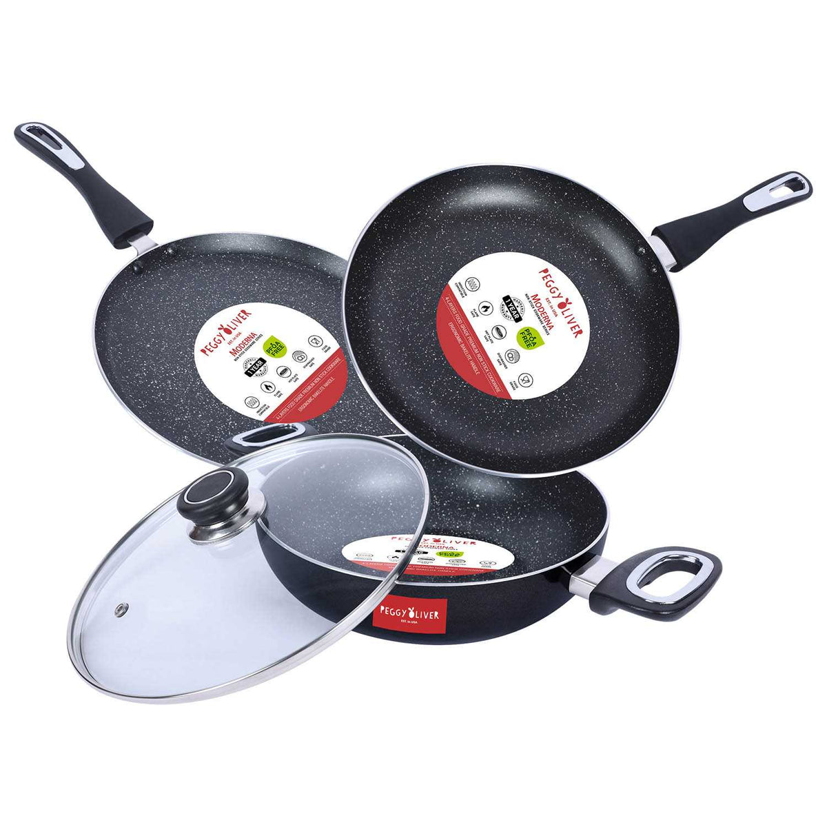 Peggy Oliver MODERNA Non-Stick Induction Cookware 4Pcs Gift Set | Stay Cool Bakelite Handle | 4-Layer Coating | Tawa 25 cm | Fry Pan 24cm | Kadhai & Glass Lid 24cm | Metallic Black | Dishwasher Safe