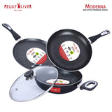 Peggy Oliver MODERNA Non-Stick Induction Cookware 4Pcs Gift Set | Stay Cool Bakelite Handle | 4-Layer Coating | Tawa 25 cm | Fry Pan 24cm | Kadhai & Glass Lid 24cm | Metallic Black | Dishwasher Safe