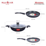 Peggy Oliver MODERNA Non-Stick Induction Cookware 4Pcs Gift Set | Stay Cool Bakelite Handle | 4-Layer Coating | Tawa 25 cm | Fry Pan 24cm | Kadhai & Glass Lid 24cm | Metallic Black | Dishwasher Safe