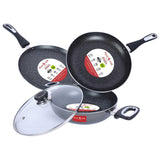 Peggy Oliver MODERNA Non-Stick Induction Cookware 4Pcs Gift Set | Stay Cool Bakelite Handle | 4-Layer Coating | Tawa 25 cm | Fry Pan 24cm | Kadhai & Glass Lid 24cm | Metallic Gray | Dishwasher Safe