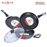 Peggy Oliver MODERNA Non-Stick Induction Cookware 4Pcs Gift Set | Stay Cool Bakelite Handle | 4-Layer Coating | Tawa 25 cm | Fry Pan 24cm | Kadhai & Glass Lid 24cm | Metallic Gray | Dishwasher Safe