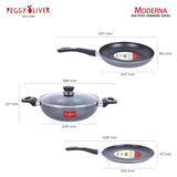 Peggy Oliver MODERNA Non-Stick Induction Cookware 4Pcs Gift Set | Stay Cool Bakelite Handle | 4-Layer Coating | Tawa 25 cm | Fry Pan 24cm | Kadhai & Glass Lid 24cm | Metallic Gray | Dishwasher Safe